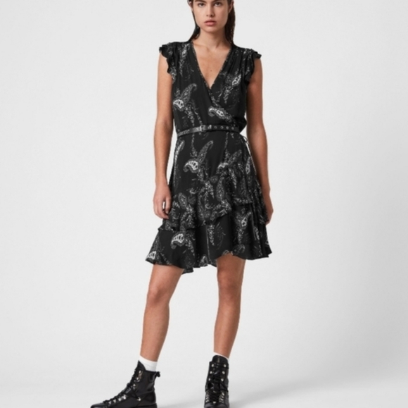 All Saints Dresses & Skirts - NWT All Saints Ari Mia Chiffron Black White Floral Wrap Dress Size US 10